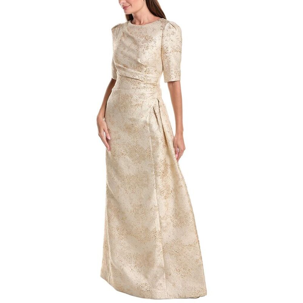 Teri Jon By Rickie Freeman Womens Metallic Jacquard Side Drape Gown, Gold